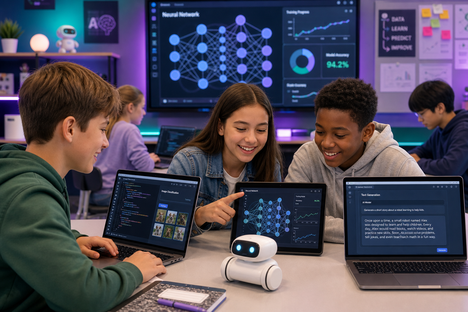 Students learning artificial intelligence and machine learning with laptops