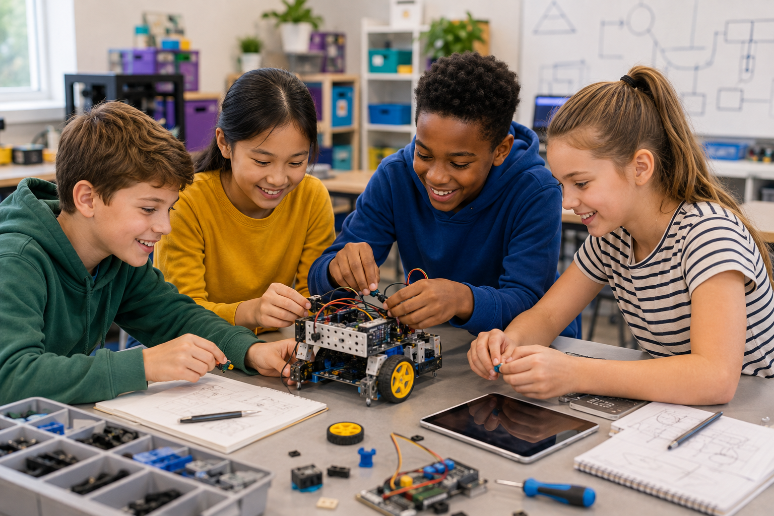 Children building a STEM robotics project