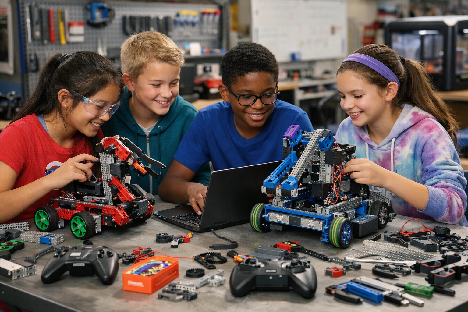 Students working with VEX robotics equipment